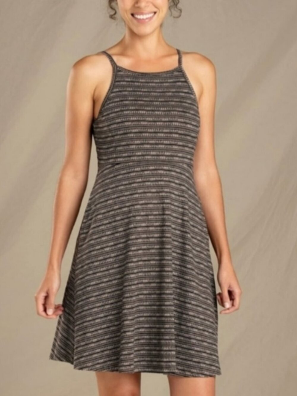 Granola Boho Girly Toad&Co Brown Black Tribal Stripe Open Back Mini Dress Sz Lg